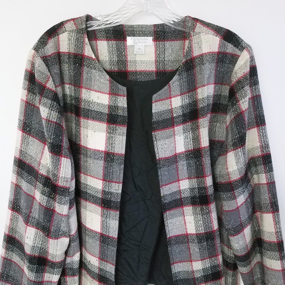 Christopher & Banks Women's Lined Plaid Open Front Cotton Blend Coat Jacket - Picture 2 of 11